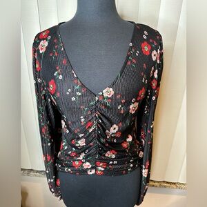 Topshop Tall black multi floral long-sleeve ruched Vneck blouse Size 8